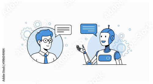 A circular avatar of a man wearing glasses and a tie talking to a humanoid robot with speech bubbles and gear elements in the background.