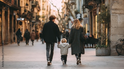 Modern family walking together in city neighborhood