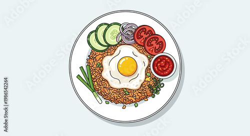 A plate of food with a fried egg and vegetables on a table indoors