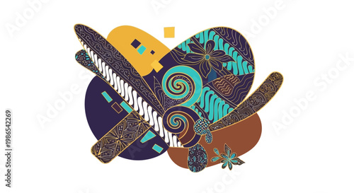 Vibrant illustration of skateboards and snowboards on colorful abstract shapes indoors.