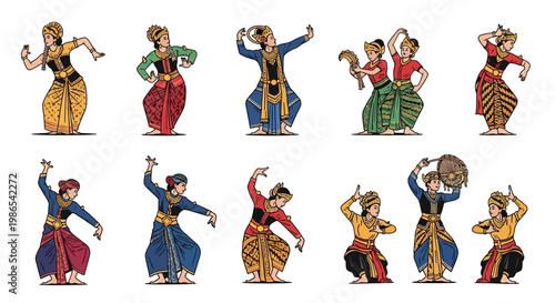 Vibrant dancers perform traditional Bharatanatyam poses in various colorful costumes.