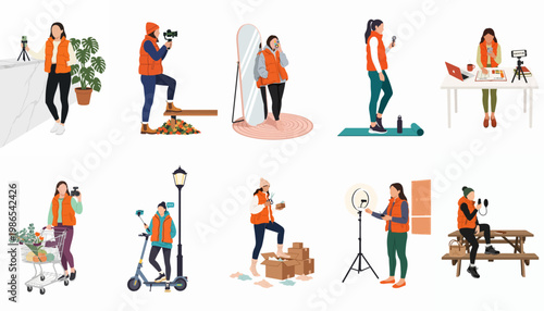 Set of flat vector illustrations featuring a female content creator in an orange puffer vest engaged in various lifestyle and digital work activities.