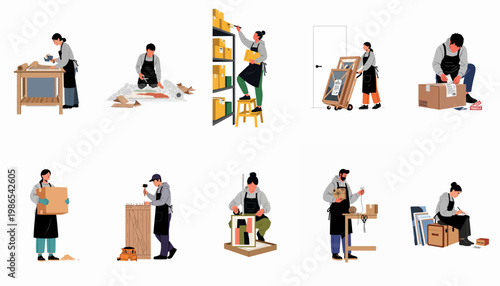 Set of illustrations showing workers in a warehouse or art gallery packing, shipping, and handling artworks and boxes for delivery.