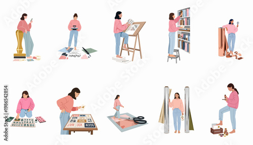 Collection of illustrations featuring a woman engaged in various creative stationery, printing, and crafting tasks, from stamping to paper selection.