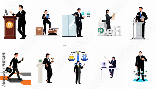 Flat vector illustration set of business professionals and lawyers managing cryptocurrency, blockchain technology, legal regulations, and decentralized finance concepts.