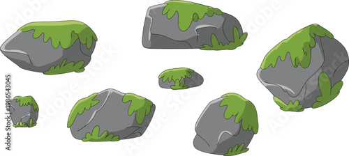 Rock collection with moss covered stones, natural outdoor elements for landscape vector illustration set design