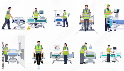 Flat illustration set of medical porters in high-visibility vests transporting hospital beds and operating medical equipment in a healthcare setting.