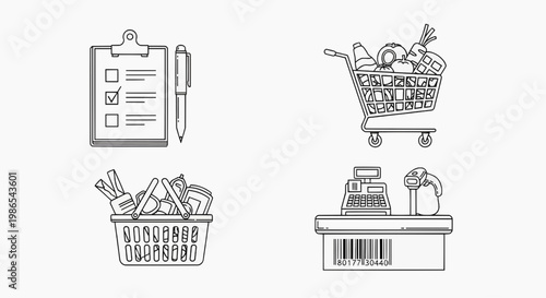 Shopping cart and basket icons with checklist and cash register showing retail and shopping concepts