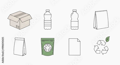 Recyclable packaging materials icons including cardboard box, bottles, bags, and recycling symbols