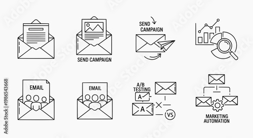 Email marketing automation icons illustrate sending campaigns and workflow