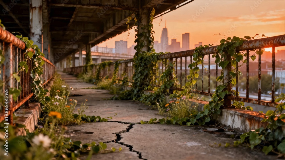 Fototapeta premium Green Vines and Wildflowers Growing Through Concrete Cracks on Abandoned Overpass at Sunset 