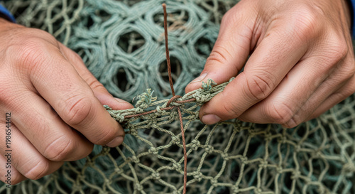 Hands Mending a Fishing Net Craftsmanship and Repair.