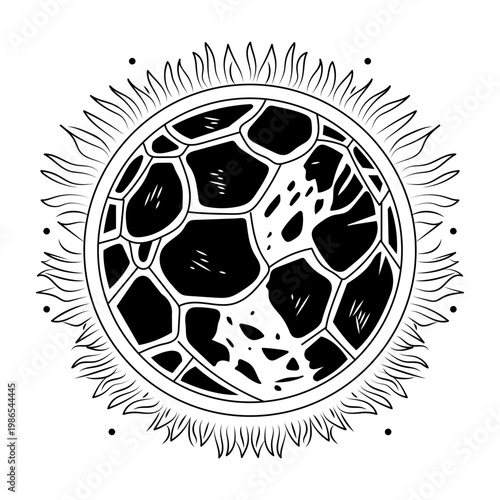Glyph style illustration depicting planet shattered