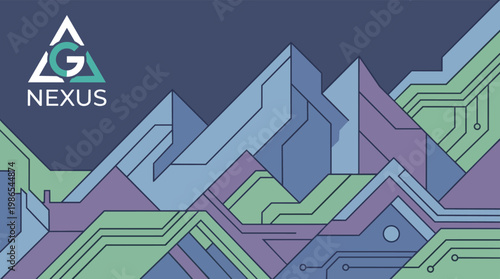 Abstract Geometric Mountain Landscape with Circuit Patterns.