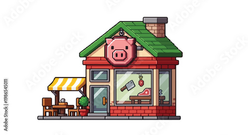 A charming pixel art butcher shop features a pink pig sign, a green roof, a brick exterior, and a small outdoor seating area with an awning.