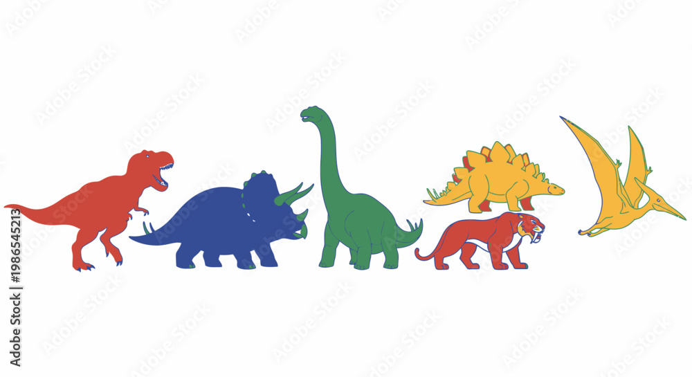 Fototapeta premium Colorful dinosaurs standing in row.