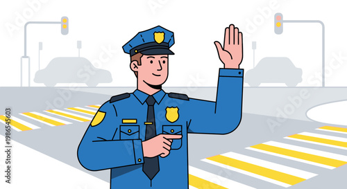 Police officer directing traffic on road.