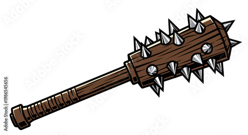 Spiked wooden club weapon closeup.