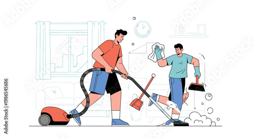 Two men cleaning with vacuum cleaners.