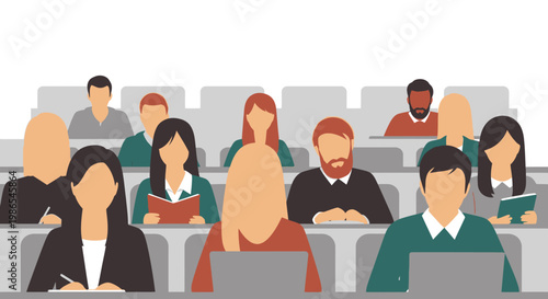 Diverse group of people in classroom.