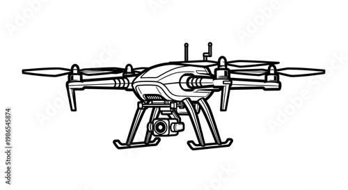 Drone with camera and propellers flying.