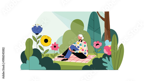 Senior Woman Relaxing in Nature, Peaceful Outdoor Picnic Scene