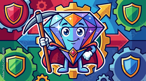 Bright cartoon knight holding hammer.