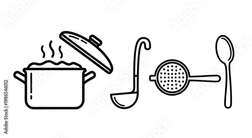 Kitchen cooking utensils and pot.