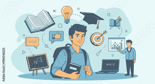 Young man with backpack and books.