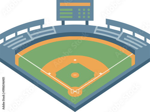 Baseball stadium with empty seats and scoreboard.