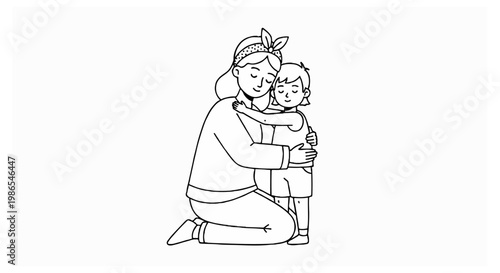 A black and white line art illustration of a woman wearing a headband kneeling on the ground and embracing a small child with closed eyes.