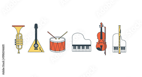 Musical Instruments in a Row Line.