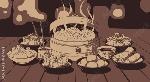 Steamed dumplings on a table.