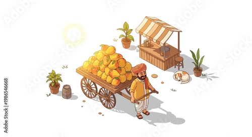 Isometric illustration of a farmer pulling a wooden cart overflowing with ripe mangoes near a market stall during the Indian mango harvest season, set against a bright white background