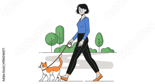 Woman Walking Dog on Leash Outdoors.