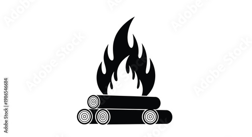 Simple black silhouette of a campfire with burning flames and logs