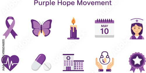 Purple Hope Movement Vector Icons Representing Health Awareness and Support