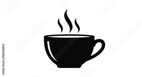 Simple black and white illustration of a steaming coffee cup