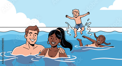 Family swimming in a pool together.