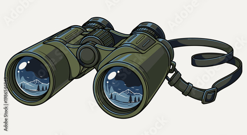 Green military binoculars with strap.
