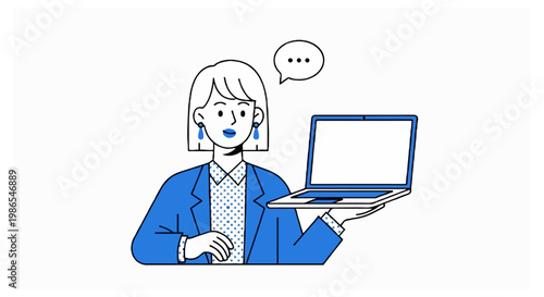 A blonde woman in a blue blazer and polka-dot shirt holds a white laptop with a speech bubble against a white background.
