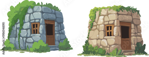 Stone huts illustration with rustic houses and greenery, countryside architecture vector design for outdoor scene
