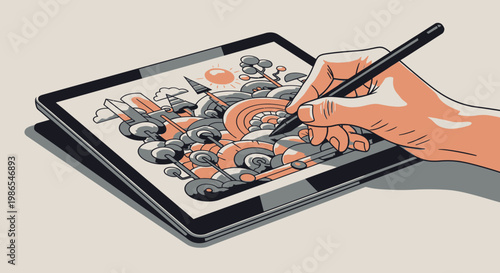 Hand holding stylus on tablet screen 1.