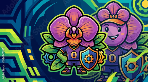 Colorful cartoon graffiti flower character mural.