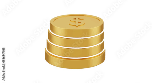 A stack of four shiny golden dollar coins on a clean white background, representing wealth and finance.