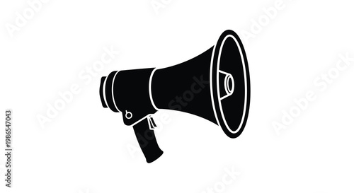 A black silhouette of a vintage handheld megaphone on a white background