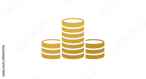 Three golden coin stacks of varying heights symbolizing wealth, finance, and investment on a clean white background.