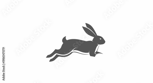 Stylized dark grey silhouette of a running rabbit or hare against a plain white background, depicting motion and speed.