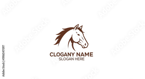 A minimalist brown horse head logo with a flowing mane, set against a clean white background, featuring placeholder text for a company name and slogan.
