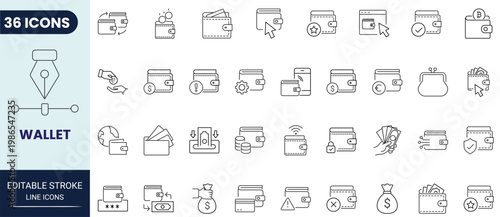 Wallet icon set in outline style. Icons for mobile app and web. Editable stroke. Vector icon collection.